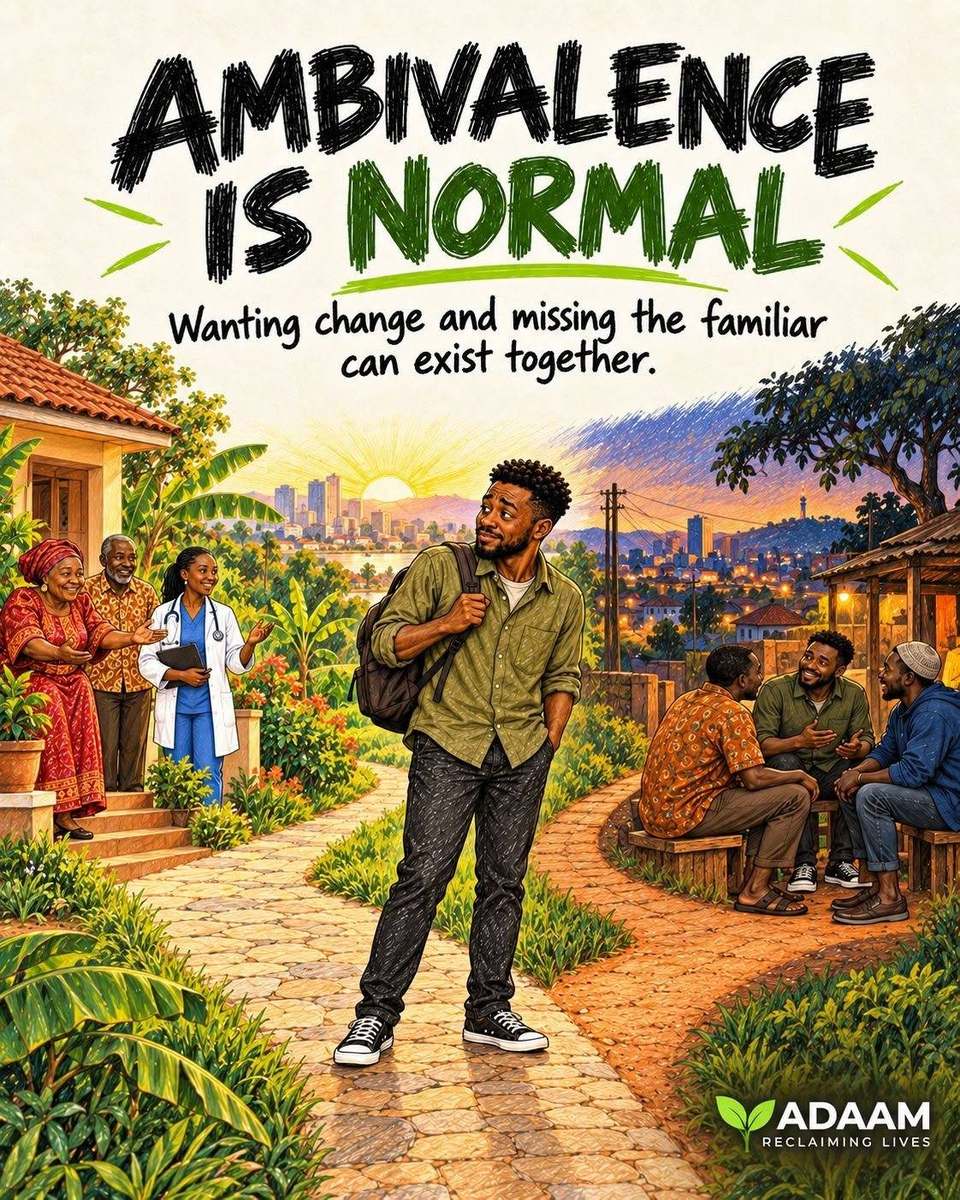 Ambivalence Is Normal — ADAAM awareness illustration on mixed feelings about changing alcohol or drug use.